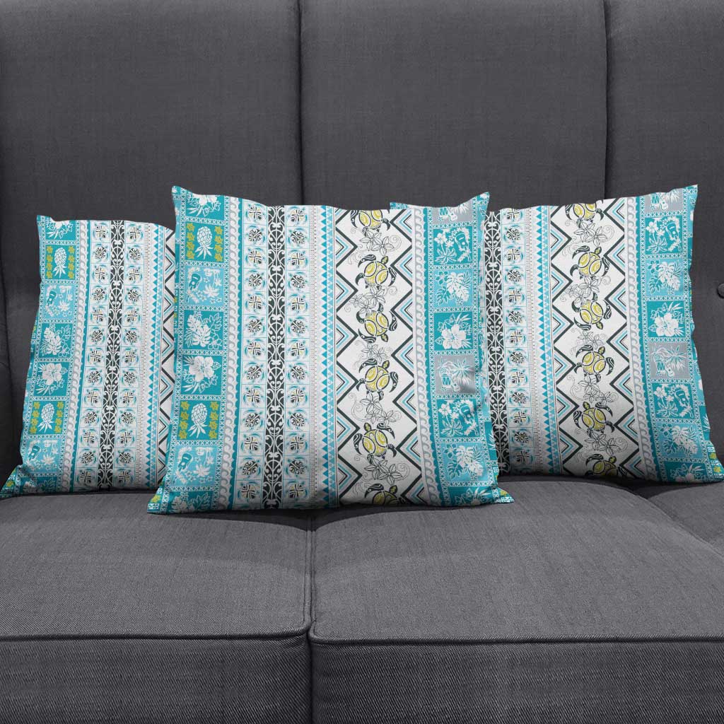 Hawaii Makahiki Turtle Pillow Cover Blue Tapa Pattern - Polynesian Pride