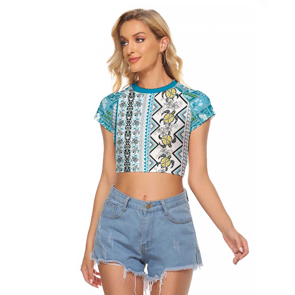 Hawaii Makahiki Turtle Raglan Cropped T Shirt Blue Tapa Pattern - Polynesian Pride
