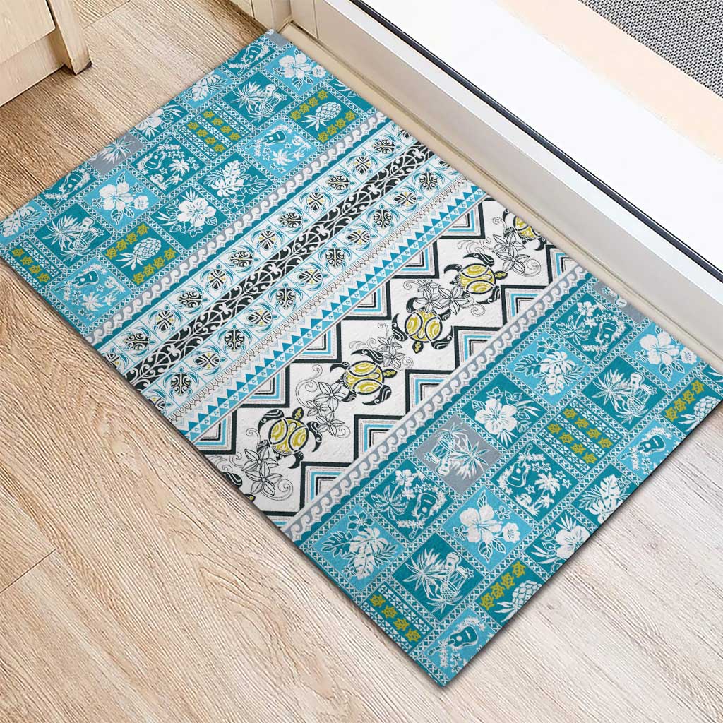 Hawaii Makahiki Turtle Rubber Doormat Blue Tapa Pattern - Polynesian Pride