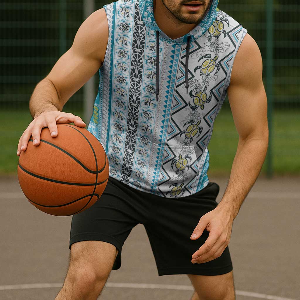 Hawaii Makahiki Turtle Sleeveless Hoodie Blue Tapa Pattern - Polynesian Pride