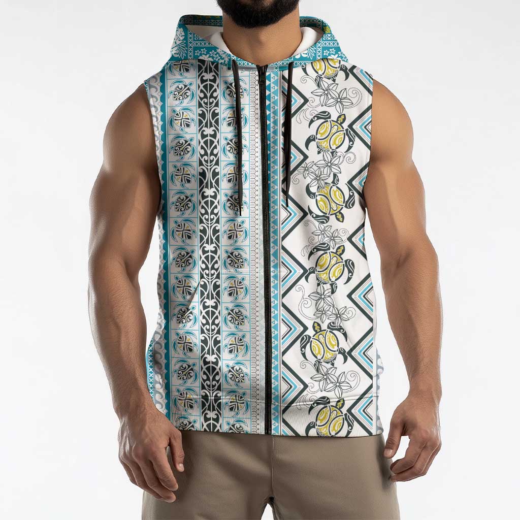 Hawaii Makahiki Turtle Sleeveless Zip Hoodie Blue Tapa Pattern - Polynesian Pride