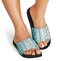 Hawaii Makahiki Turtle Slide Sandals Blue Tapa Pattern - Polynesian Pride