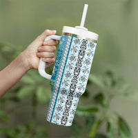 Hawaii Makahiki Turtle Tumbler With Handle Blue Tapa Pattern - Polynesian Pride