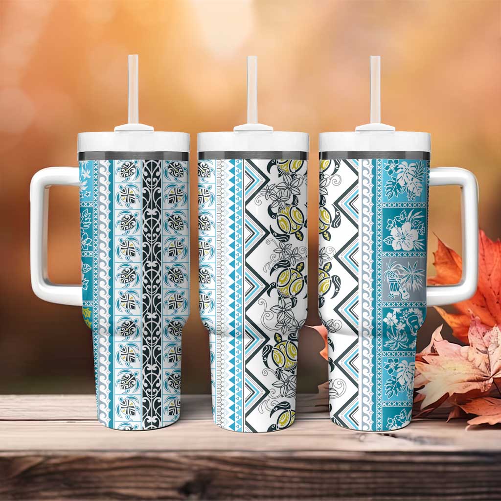 Hawaii Makahiki Turtle Tumbler With Handle Blue Tapa Pattern - Polynesian Pride