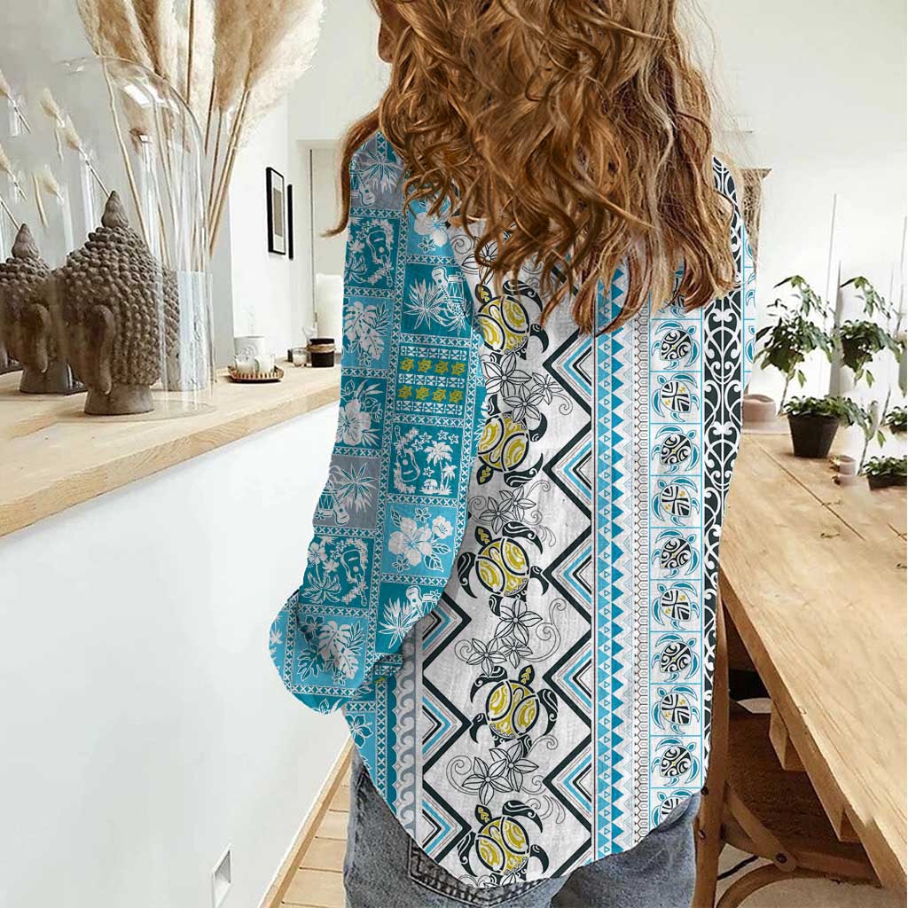 Hawaii Makahiki Turtle Women Casual Shirt Blue Tapa Pattern - Polynesian Pride