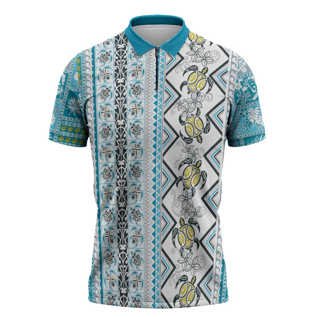 Hawaii Makahiki Turtle Zipper Polo Shirt Blue Tapa Pattern - Polynesian Pride