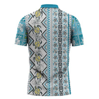 Hawaii Makahiki Turtle Zipper Polo Shirt Blue Tapa Pattern - Polynesian Pride