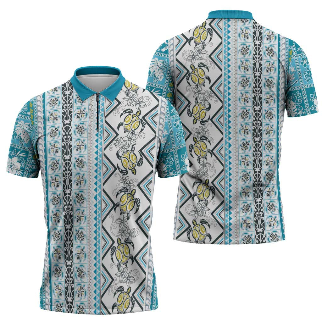 Hawaii Makahiki Turtle Zipper Polo Shirt Blue Tapa Pattern - Polynesian Pride
