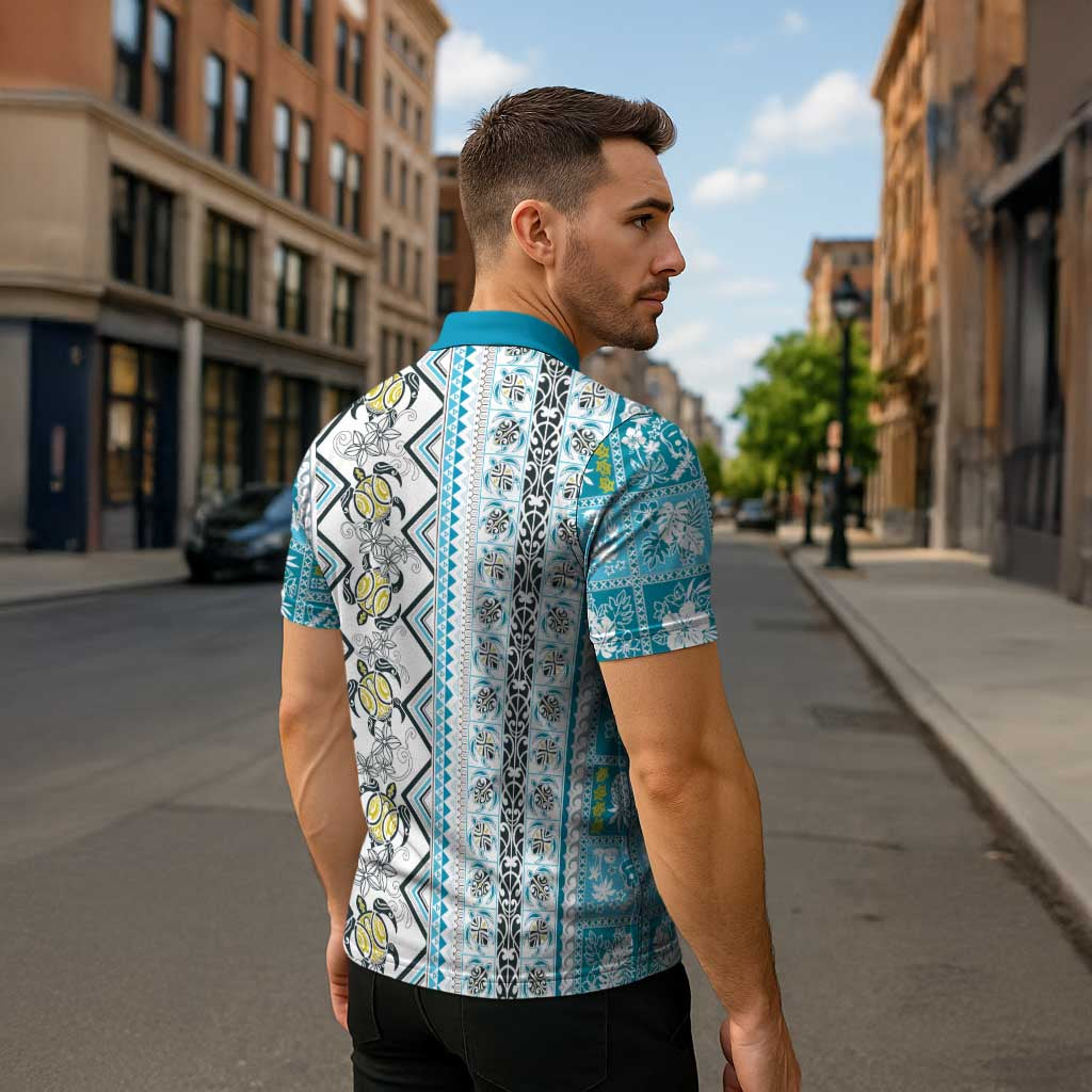 Hawaii Makahiki Turtle Zipper Polo Shirt Blue Tapa Pattern - Polynesian Pride