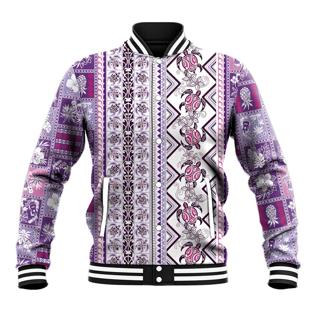 Hawaii Makahiki Turtle Baseball Jacket Violet Tapa Pattern - Polynesian Pride