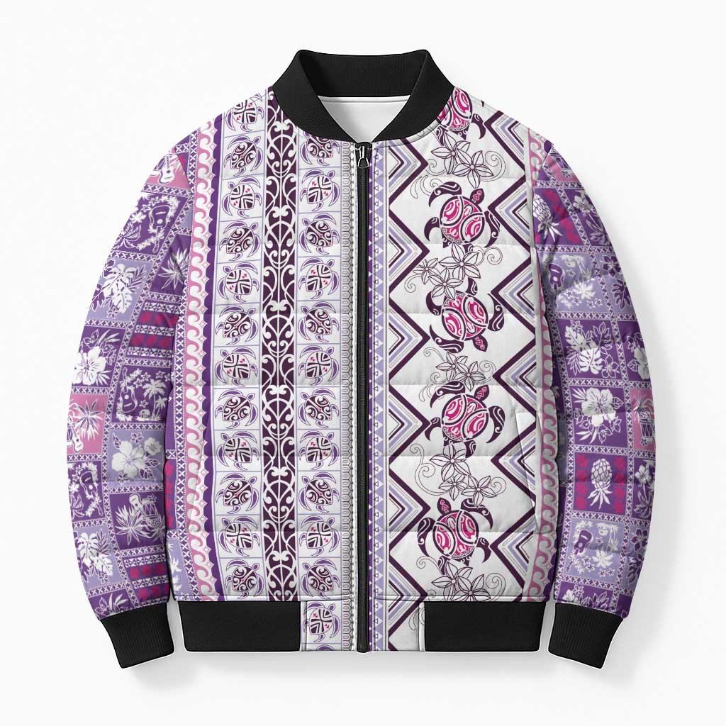 Hawaii Makahiki Turtle Bomber Puffer Jacket Violet Tapa Pattern - Polynesian Pride