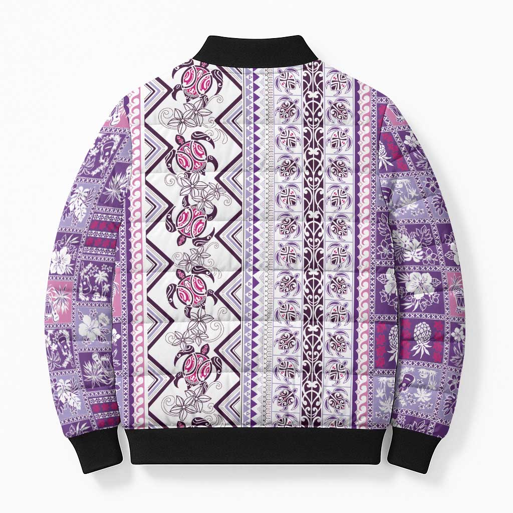 Hawaii Makahiki Turtle Bomber Puffer Jacket Violet Tapa Pattern - Polynesian Pride
