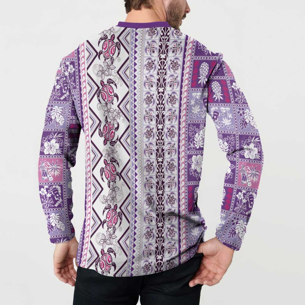 Hawaii Makahiki Turtle Button Sweatshirt Violet Tapa Pattern - Polynesian Pride