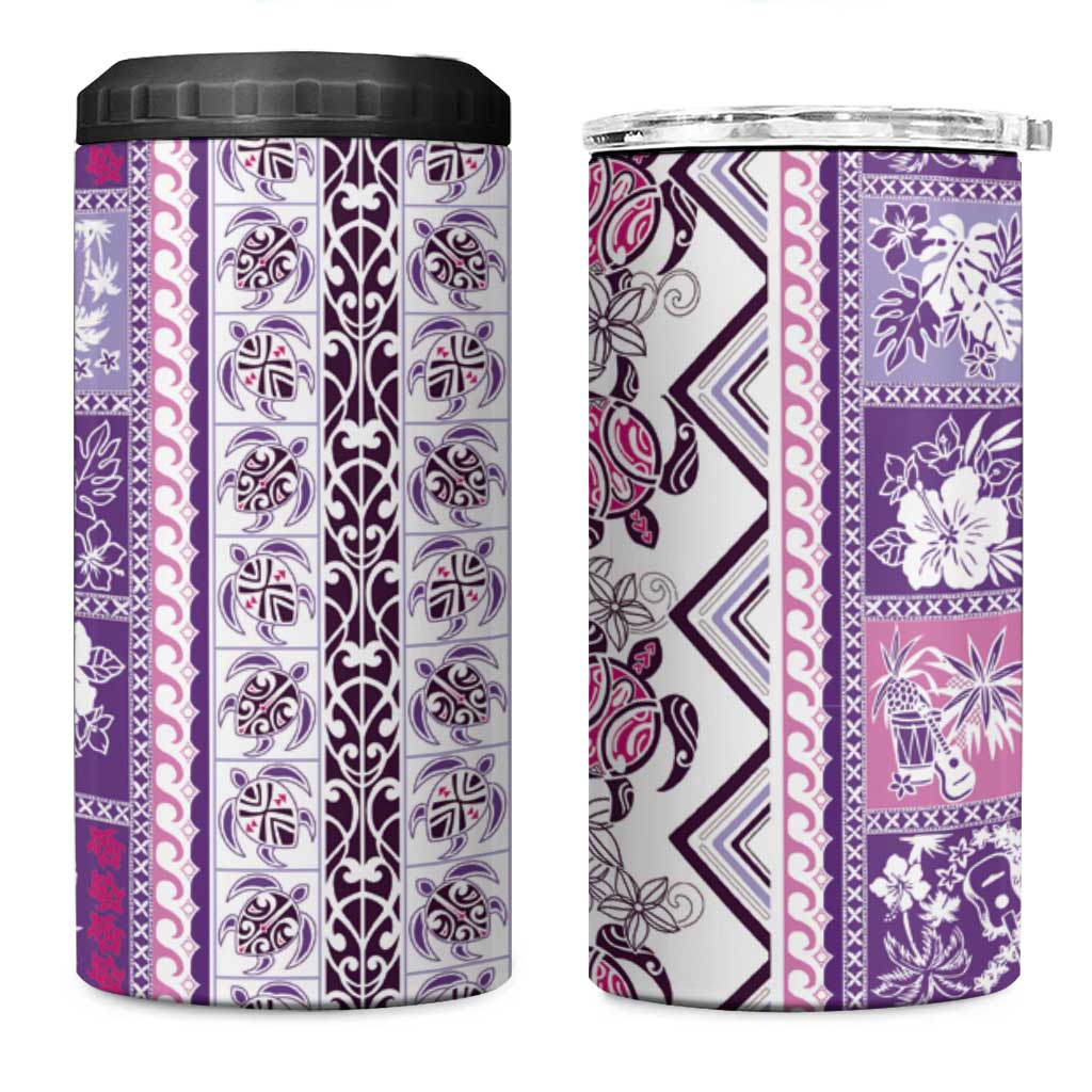 Hawaii Makahiki Turtle 4 in 1 Can Cooler Tumbler Violet Tapa Pattern - Polynesian Pride