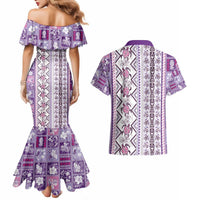Hawaii Makahiki Turtle Couples Matching Mermaid Dress and Hawaiian Shirt Violet Tapa Pattern - Polynesian Pride