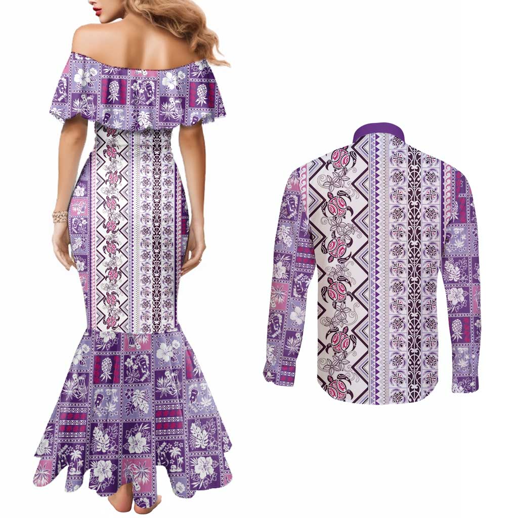 Hawaii Makahiki Turtle Couples Matching Mermaid Dress and Long Sleeve Button Shirt Violet Tapa Pattern - Polynesian Pride