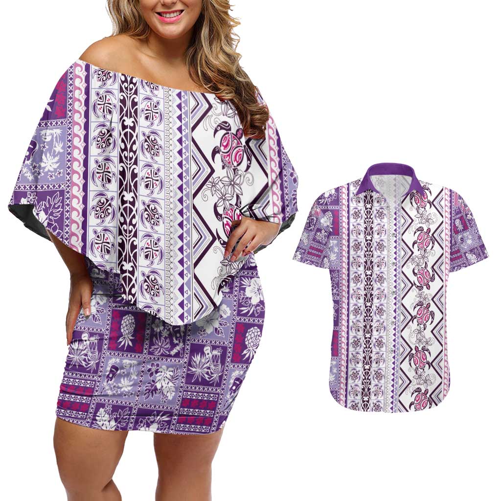 Hawaii Makahiki Turtle Couples Matching Off Shoulder Short Dress and Hawaiian Shirt Violet Tapa Pattern LT05 Violet - Polynesian Pride
