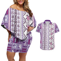 Hawaii Makahiki Turtle Couples Matching Off Shoulder Short Dress and Hawaiian Shirt Violet Tapa Pattern LT05 Violet - Polynesian Pride