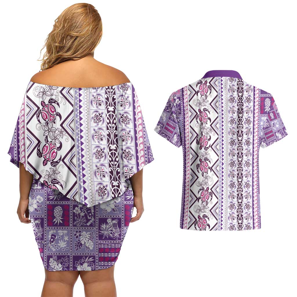 Hawaii Makahiki Turtle Couples Matching Off Shoulder Short Dress and Hawaiian Shirt Violet Tapa Pattern LT05 - Polynesian Pride
