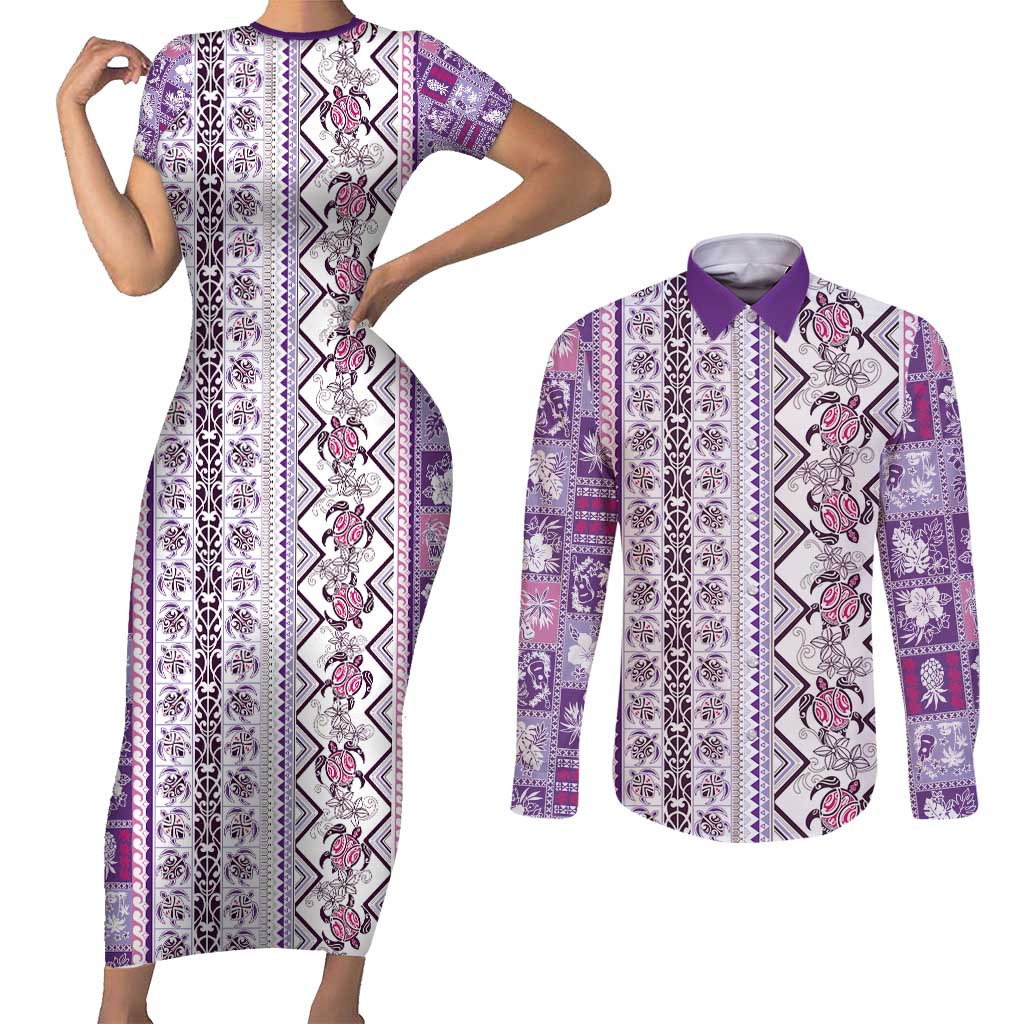 Hawaii Makahiki Turtle Couples Matching Short Sleeve Bodycon Dress and Long Sleeve Button Shirt Violet Tapa Pattern - Polynesian Pride