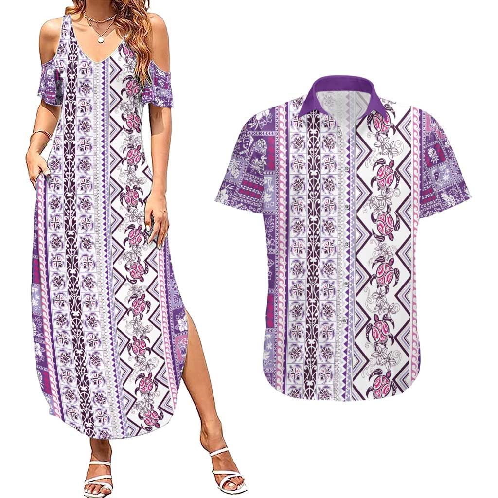 Hawaii Makahiki Turtle Couples Matching Summer Maxi Dress and Hawaiian Shirt Violet Tapa Pattern LT05 Violet - Polynesian Pride