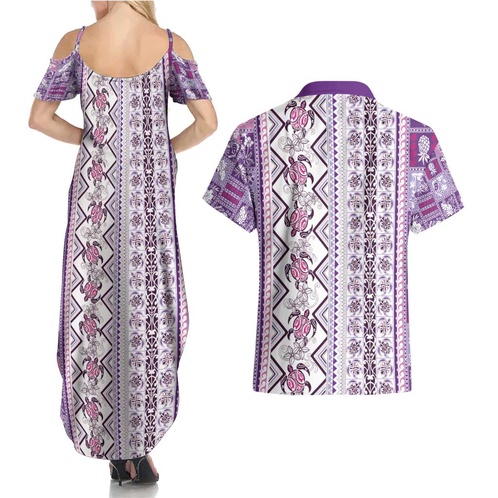 Hawaii Makahiki Turtle Couples Matching Summer Maxi Dress and Hawaiian Shirt Violet Tapa Pattern LT05 - Polynesian Pride