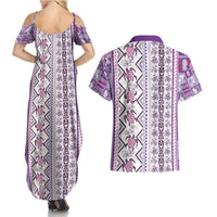 Hawaii Makahiki Turtle Couples Matching Summer Maxi Dress and Hawaiian Shirt Violet Tapa Pattern LT05 - Polynesian Pride