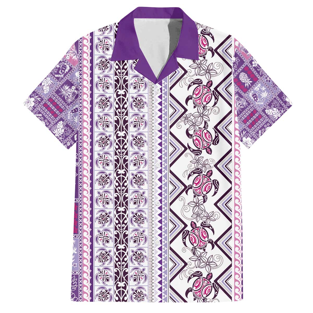 Hawaii Makahiki Turtle Family Matching Off The Shoulder Long Sleeve Dress and Hawaiian Shirt Violet Tapa Pattern - Polynesian Pride