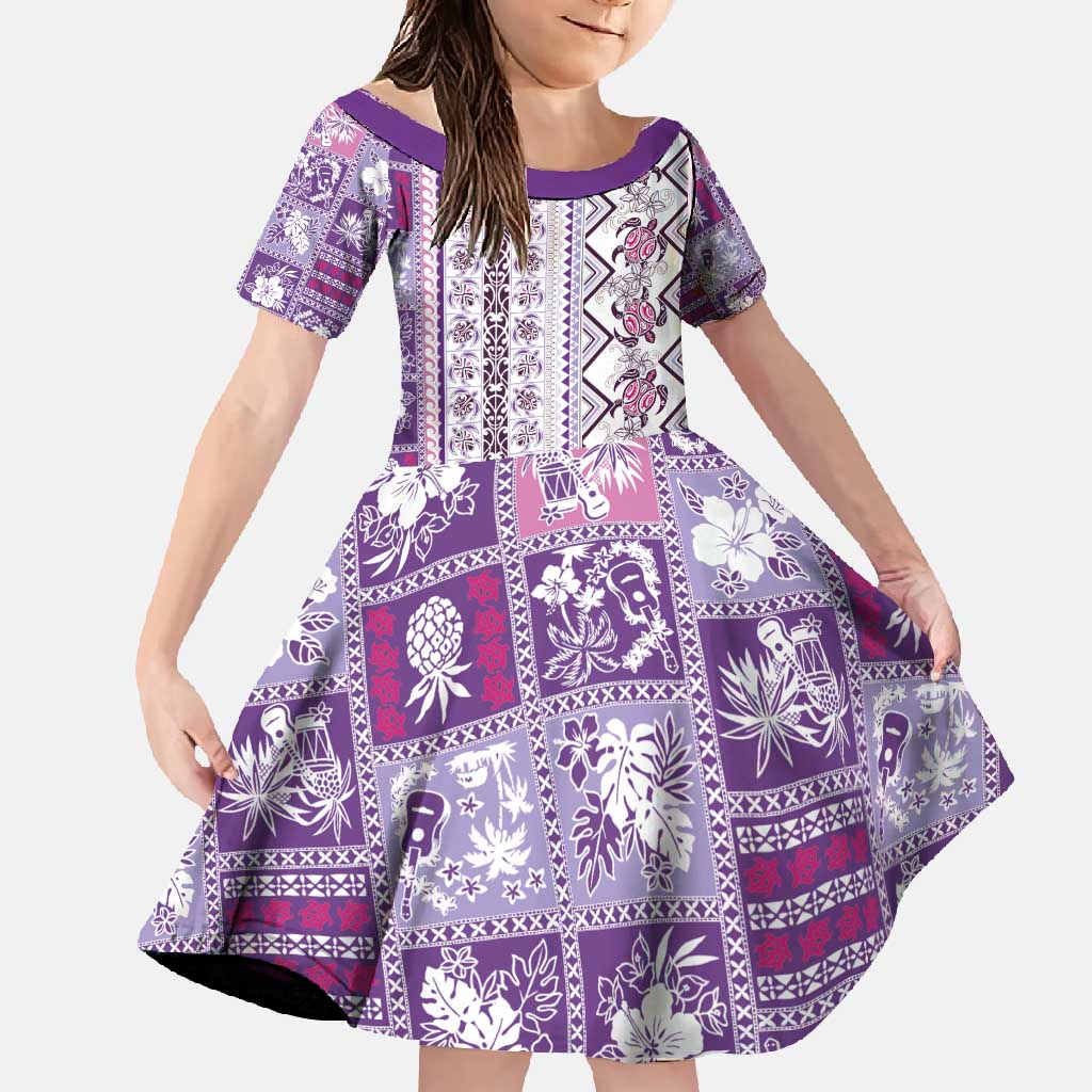 Hawaii Makahiki Turtle Family Matching Off Shoulder Maxi Dress and Hawaiian Shirt Violet Tapa Pattern - Polynesian Pride