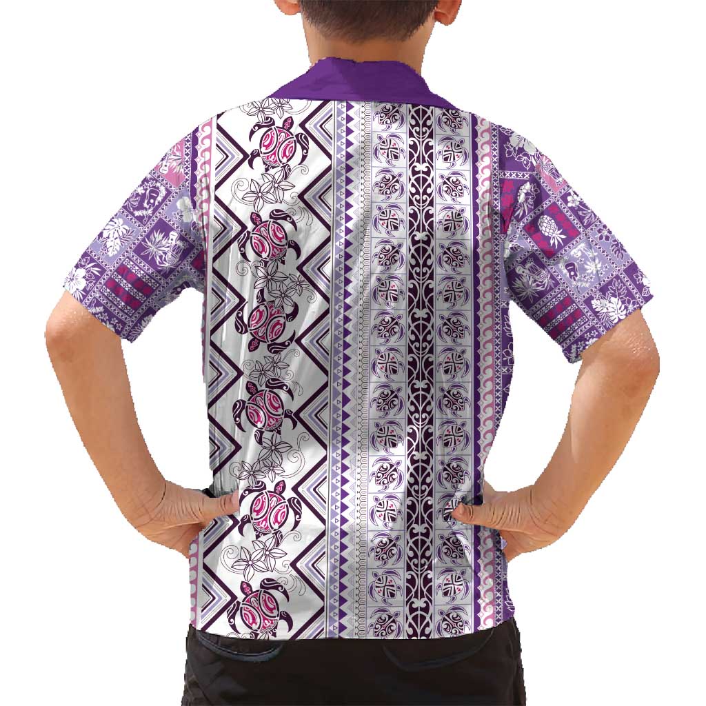 Hawaii Makahiki Turtle Family Matching Off Shoulder Short Dress and Hawaiian Shirt Violet Tapa Pattern - Polynesian Pride