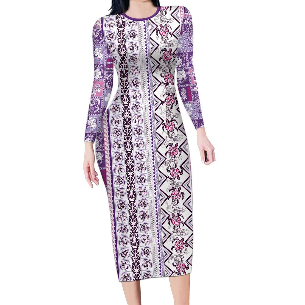 Hawaii Makahiki Turtle Long Sleeve Bodycon Dress Violet Tapa Pattern - Polynesian Pride