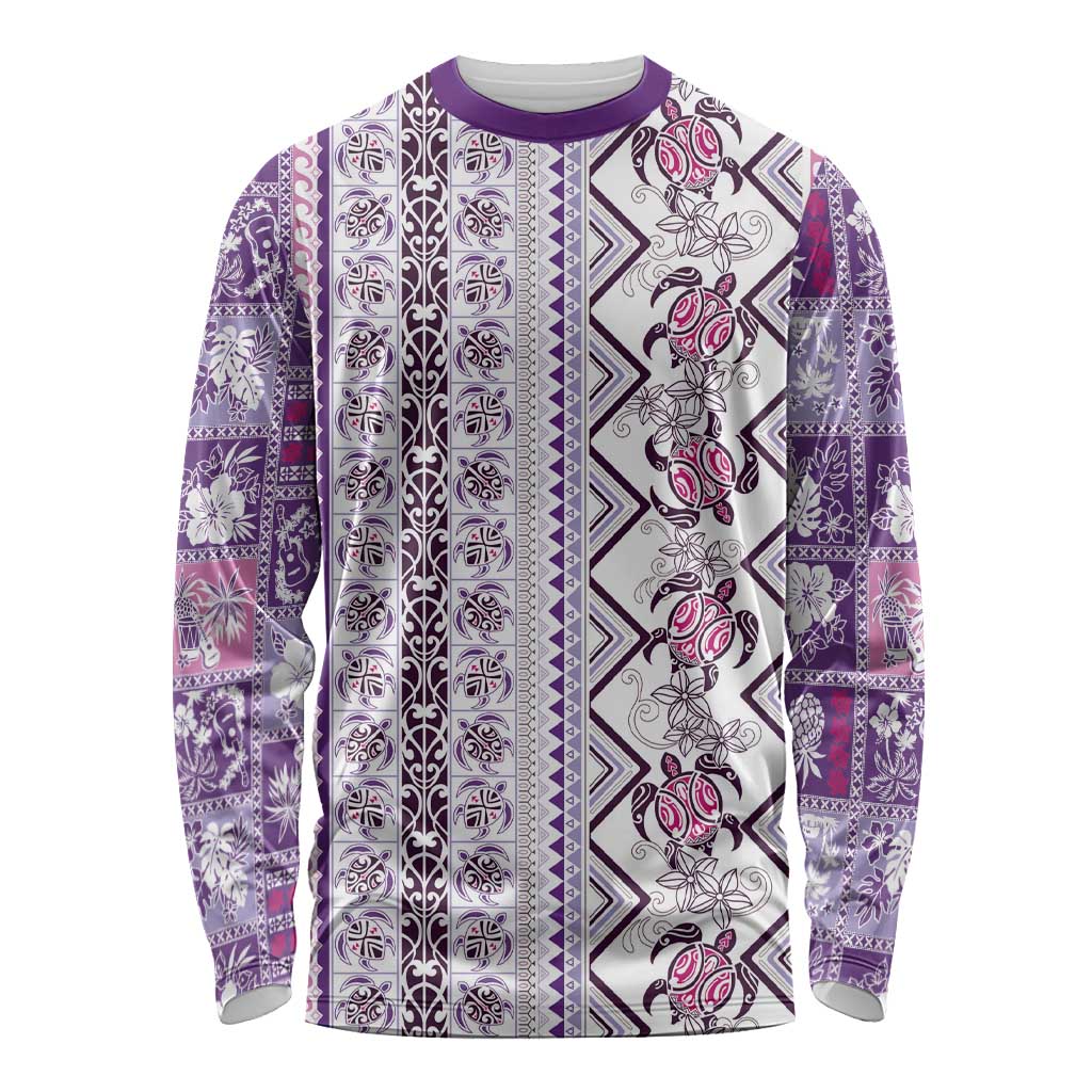 Hawaii Makahiki Turtle Long Sleeve Shirt Violet Tapa Pattern - Polynesian Pride