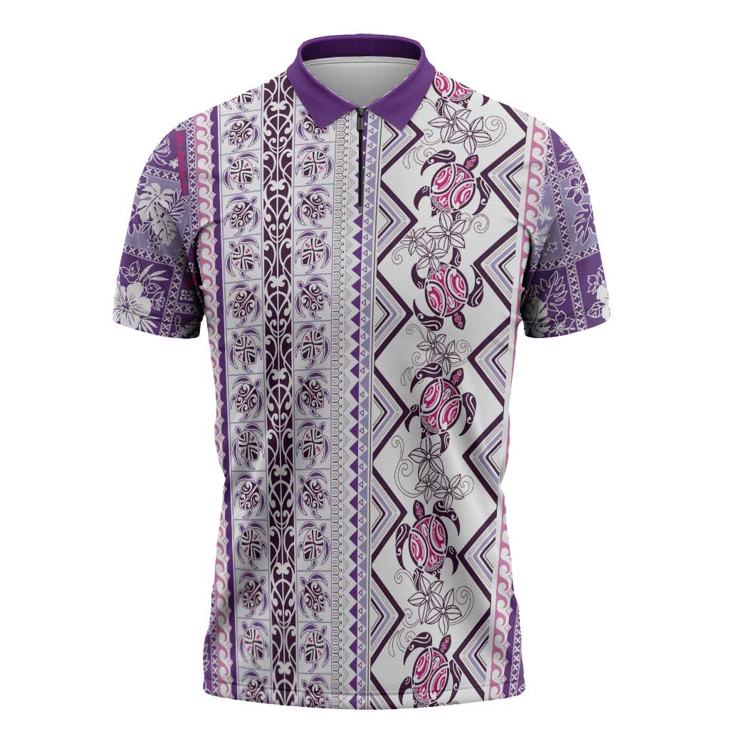 Hawaii Makahiki Turtle Zipper Polo Shirt Violet Tapa Pattern - Polynesian Pride