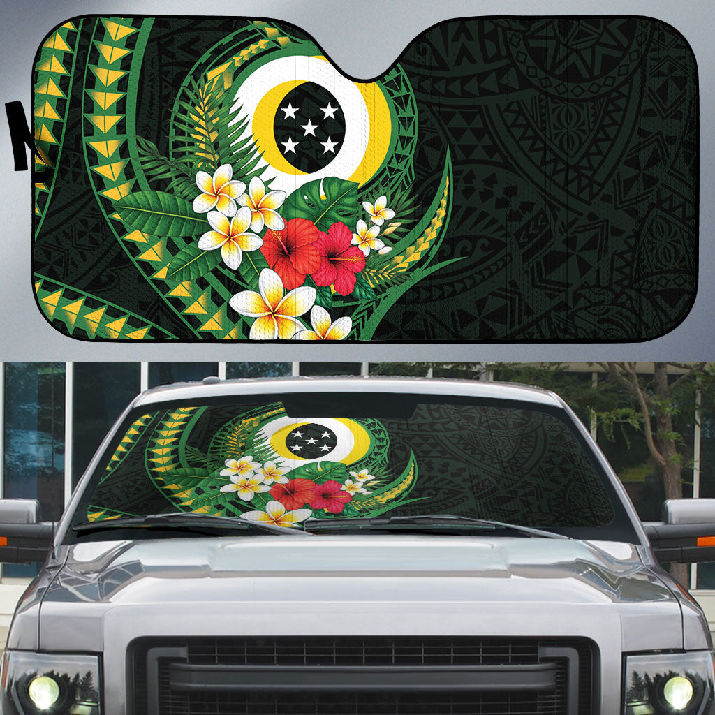 Solomon Islands Western Province Auto Sun Shade Polynesian Pattern With Tropical Flowers LT05 Green - Polynesian Pride