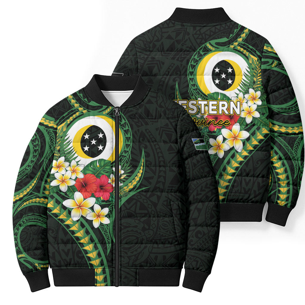 Solomon Islands Western Province Bomber Puffer Jacket Polynesian Pattern With Tropical Flowers LT05 - Polynesian Pride
