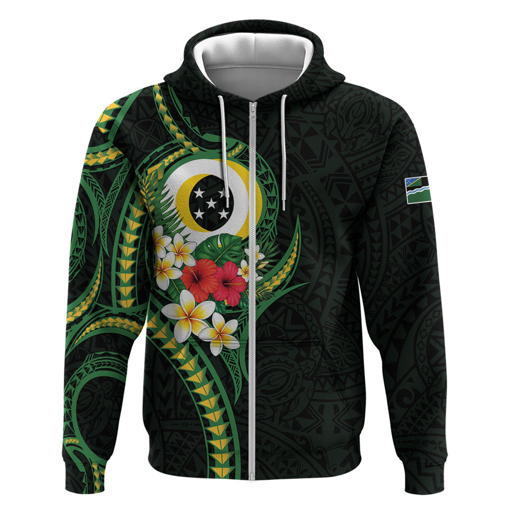 Solomon Islands Western Province Hoodie Polynesian Pattern With Tropical Flowers LT05 Zip Hoodie Green - Polynesian Pride