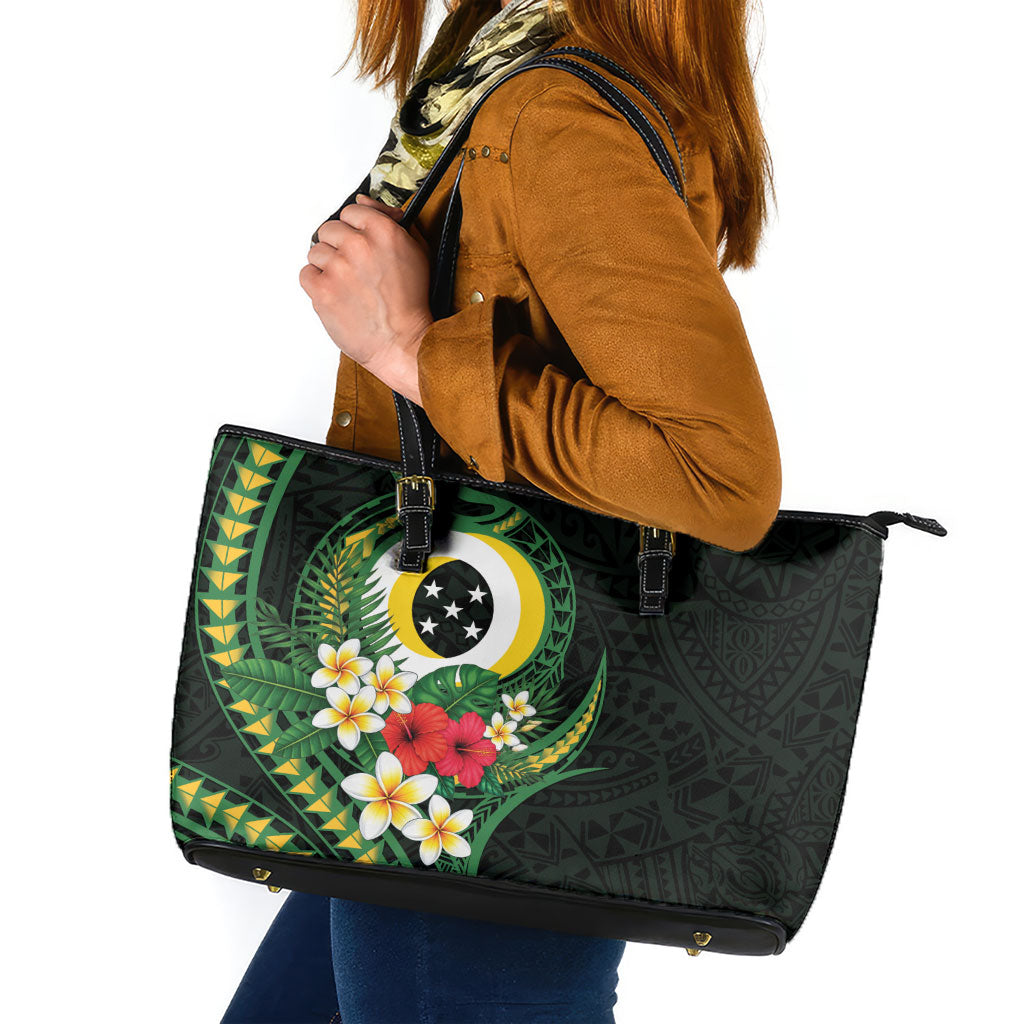 Solomon Islands Western Province Leather Tote Bag Polynesian Pattern With Tropical Flowers LT05 Green - Polynesian Pride