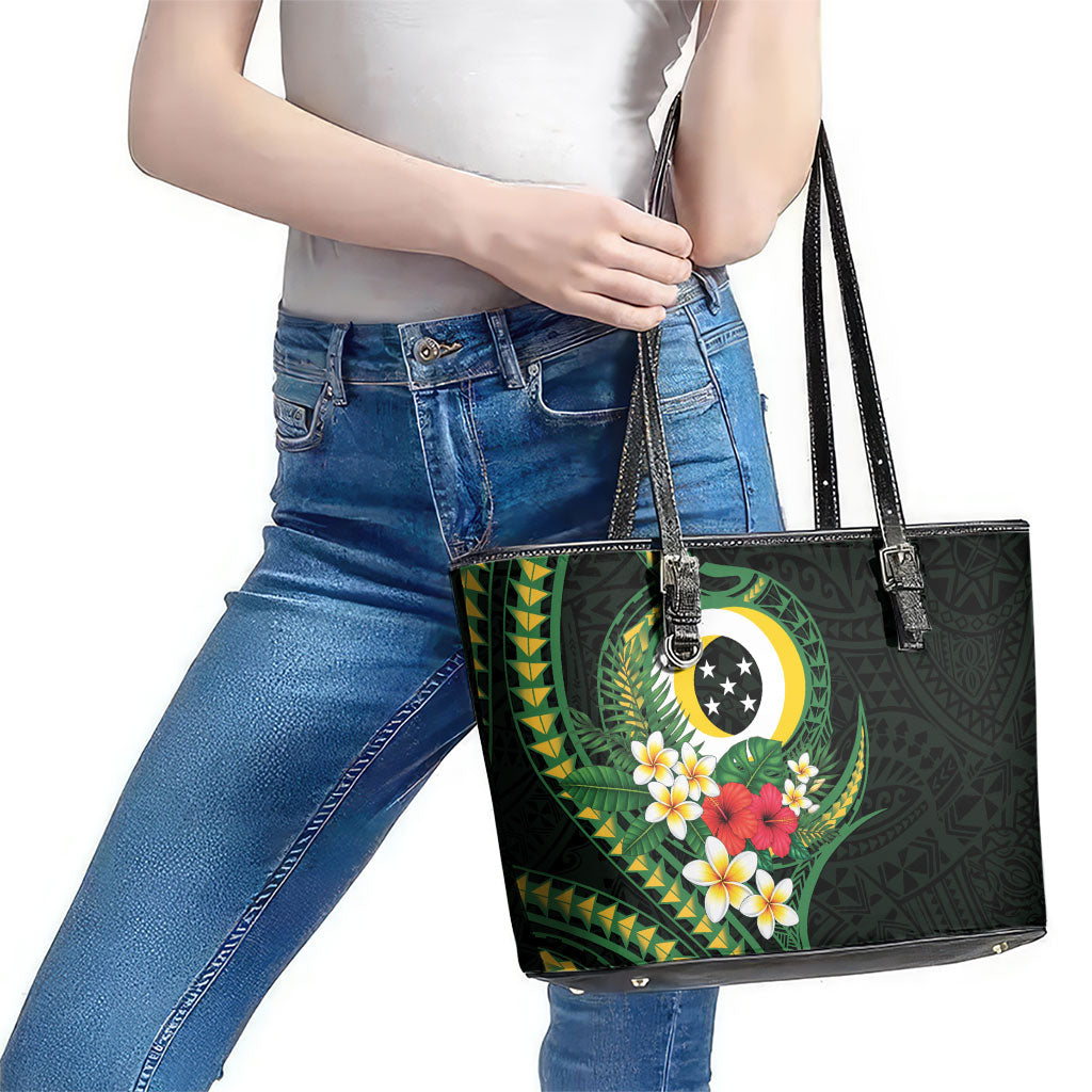 Solomon Islands Western Province Leather Tote Bag Polynesian Pattern With Tropical Flowers LT05 - Polynesian Pride