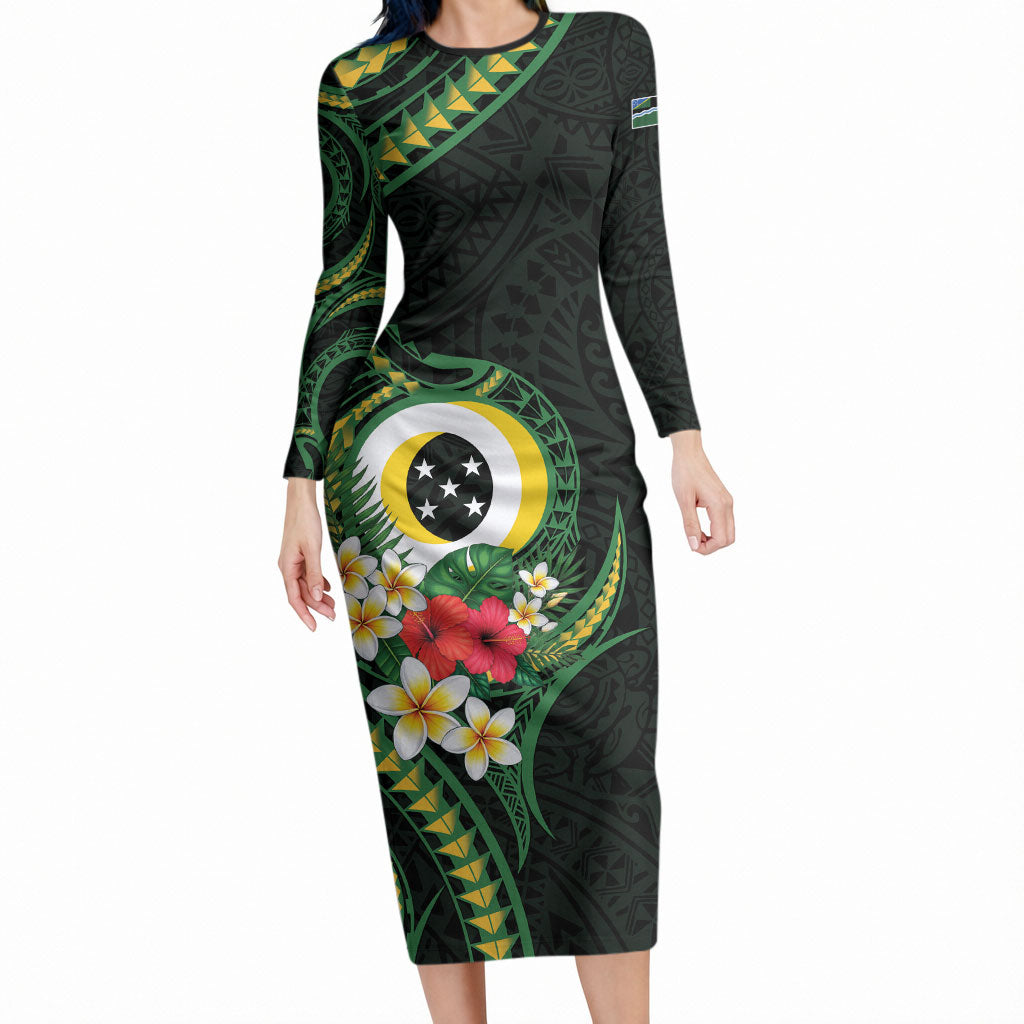 Solomon Islands Western Province Long Sleeve Bodycon Dress Polynesian Pattern With Tropical Flowers LT05 Long Dress Green - Polynesian Pride