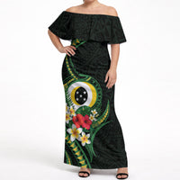 Solomon Islands Western Province Off Shoulder Maxi Dress Polynesian Pattern With Tropical Flowers LT05 Women Green - Polynesian Pride