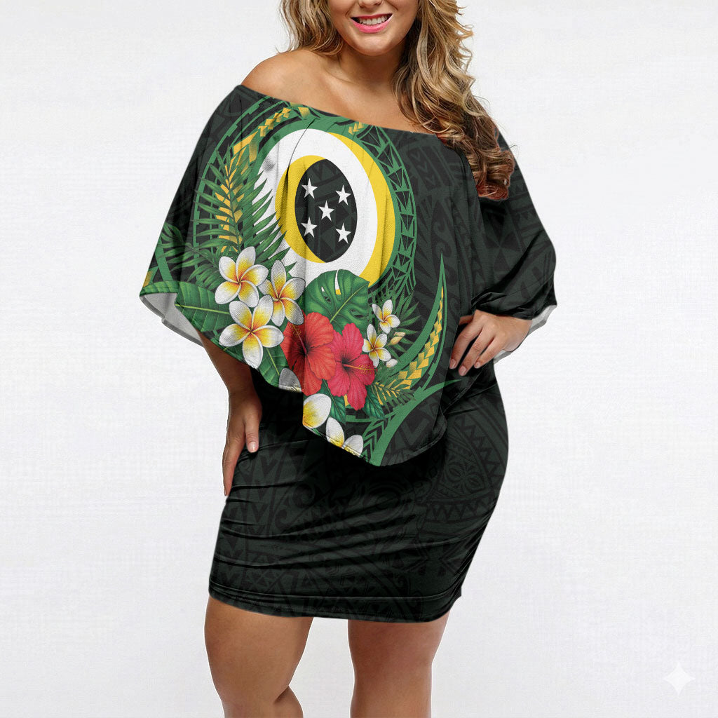 Solomon Islands Western Province Off Shoulder Short Dress Polynesian Pattern With Tropical Flowers LT05 Women Green - Polynesian Pride