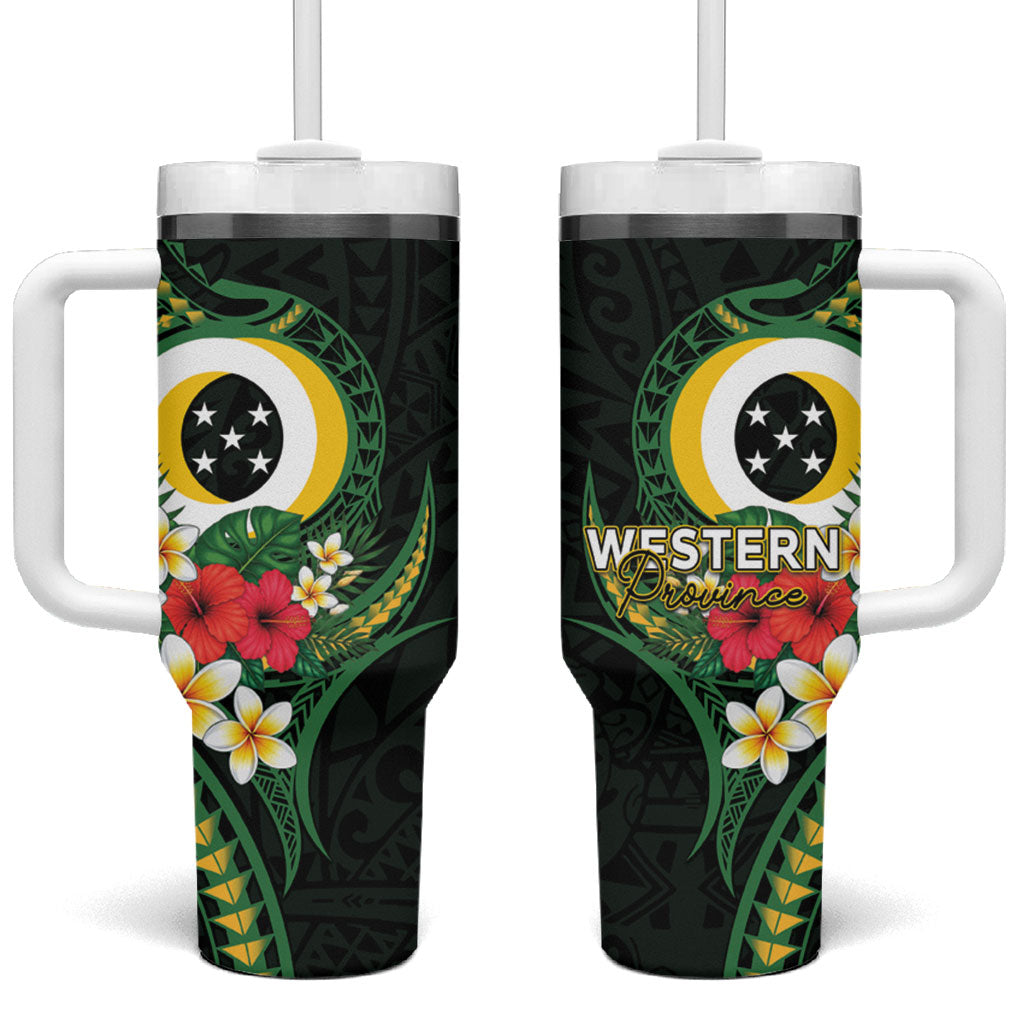 Solomon Islands Western Province Tumbler With Handle Polynesian Pattern With Tropical Flowers LT05 One Size: 40 oz Green - Polynesian Pride