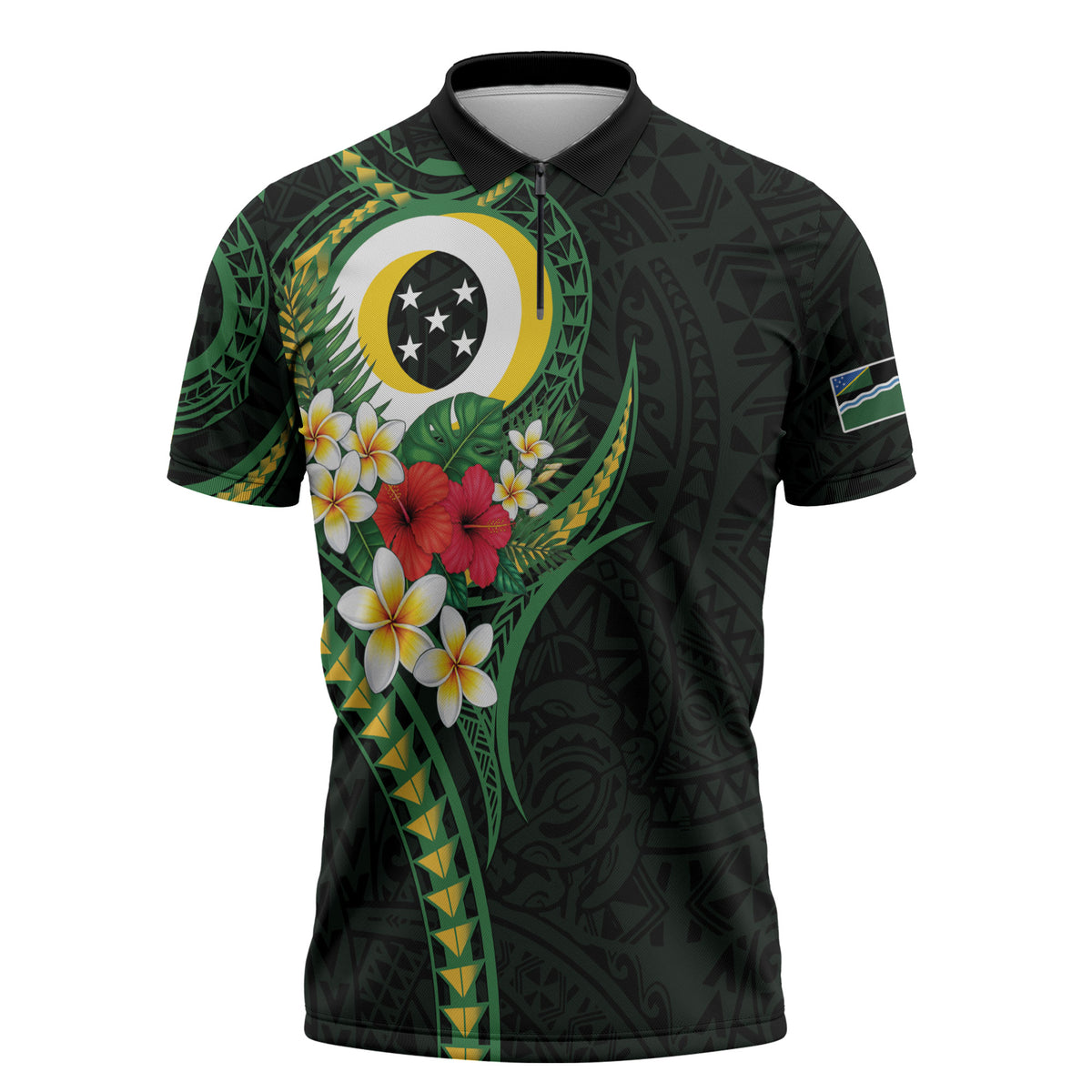 Solomon Islands Western Province Zipper Polo Shirt Polynesian Pattern With Tropical Flowers LT05 Green - Polynesian Pride