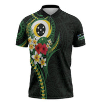 Solomon Islands Western Province Zipper Polo Shirt Polynesian Pattern With Tropical Flowers LT05 Green - Polynesian Pride