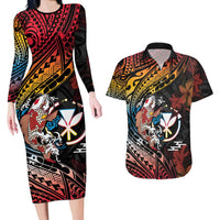 Hawaii And Japan Couples Matching Long Sleeve Bodycon Dress and Hawaiian Shirt Koi Fish With Kanaka Maoli LT05 Black - Polynesian Pride
