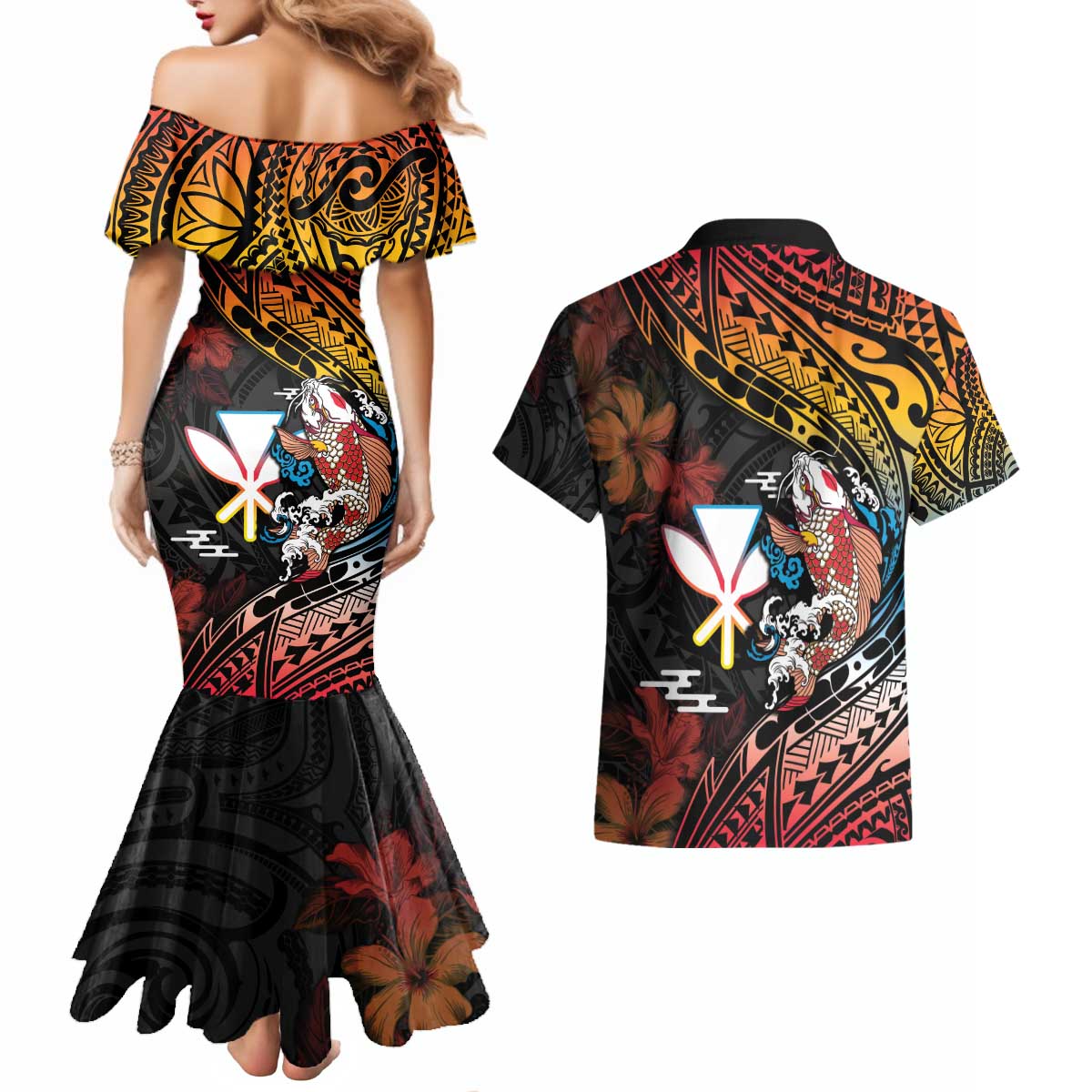 Hawaii And Japan Couples Matching Mermaid Dress and Hawaiian Shirt Koi Fish With Kanaka Maoli LT05 - Polynesian Pride