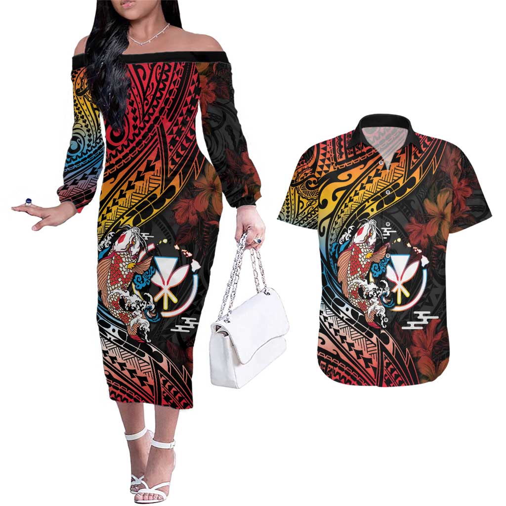 Hawaii And Japan Couples Matching Off The Shoulder Long Sleeve Dress and Hawaiian Shirt Koi Fish With Kanaka Maoli LT05 Black - Polynesian Pride