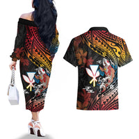 Hawaii And Japan Couples Matching Off The Shoulder Long Sleeve Dress and Hawaiian Shirt Koi Fish With Kanaka Maoli LT05 - Polynesian Pride