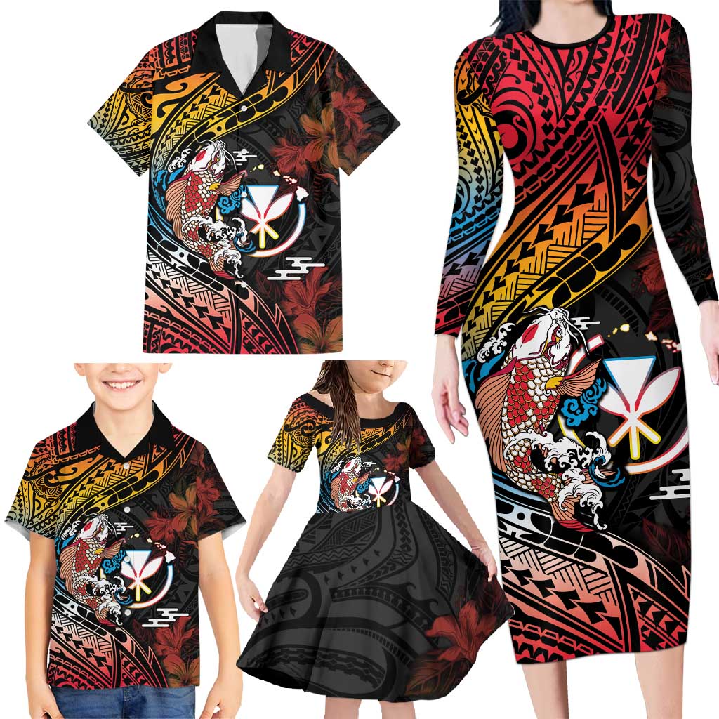 Hawaii And Japan Family Matching Long Sleeve Bodycon Dress and Hawaiian Shirt Koi Fish With Kanaka Maoli LT05 - Polynesian Pride