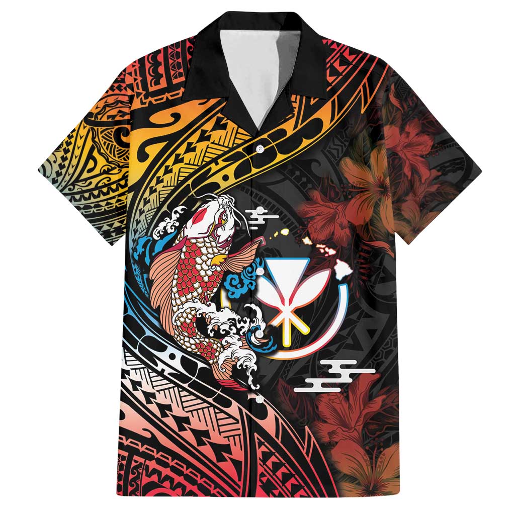 Hawaii And Japan Family Matching Long Sleeve Bodycon Dress and Hawaiian Shirt Koi Fish With Kanaka Maoli LT05 Dad's Shirt - Short Sleeve Black - Polynesian Pride